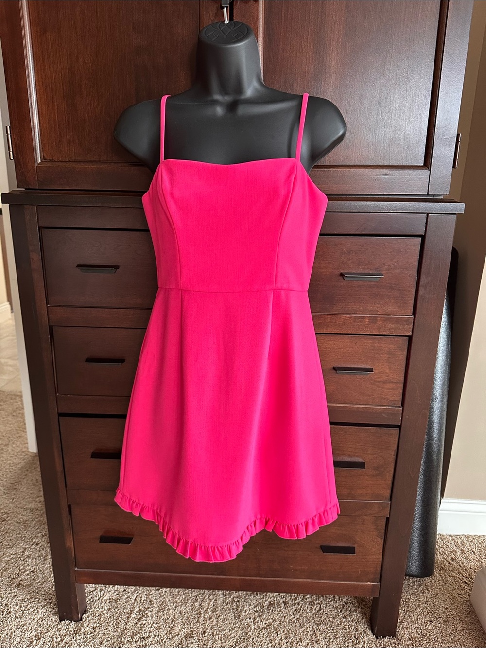 French Connection Pink Dress with Spaghetti Straps and Ruffle Hem